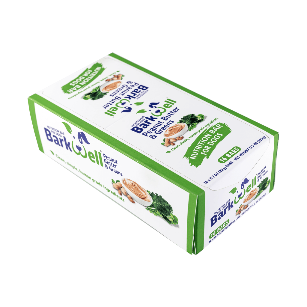 Closed box of peanut butter and greens natural nutrition bar pack for dogs 
